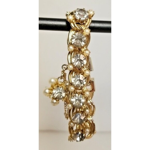Bracelet Kafin of New York Vintage Rhinestone & Faux Pearls Gold Tone 7" Saftey - Picture 1 of 12